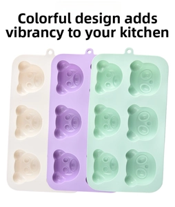 Three-piece silicone bear cake molds set in beige, lavender, and mint green colors