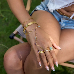 18k gold plated stainless steel hand chain bracelet set with colorful natural stones