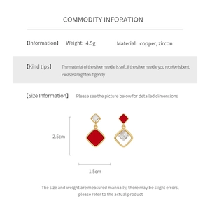 Macro shot showing dimensions of 18k gold plated rhombus earring with zircon settings