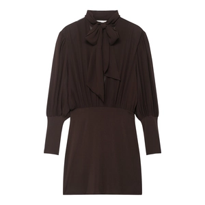 Women Long Sleeve Mini Dress Elegant Bow Tie Neck Pleated Sleeve Coffee Brown Polyester Party Club Socialite