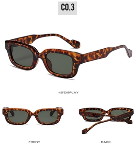 Detail view of tortoiseshell rectangle sunglasses showing 45-degree angle, front and back