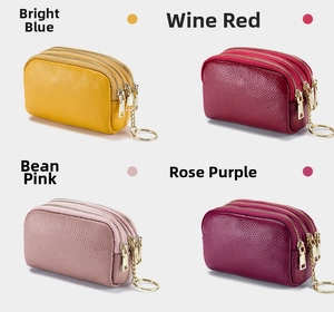 Three-layer genuine leather coin purses in yellow, wine red, pink and purple colors