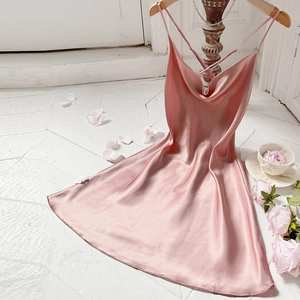 Elegant pink silk satin slip nightdress for women with thin straps and V-neckline