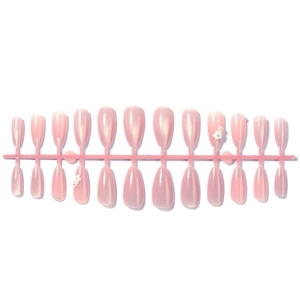 Pink press-on nail set with 3D white flowers and pearls in 24 pieces medium long set