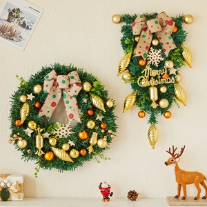 Christmas wreath and teardrop door hanger set with gold ornaments and festive ribbons