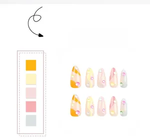 Detail of almond-shaped press-on nails with colorful 3D bead accents and wavy patterns