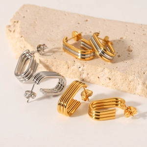 Minimalist multi-layer 18K gold and silver stainless steel U-shaped stud earrings