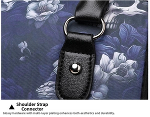 Detail of silver D-ring buckle and rivet on skull printed Oxford cloth handbag