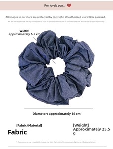 Detailed size specifications for the large dark blue denim floral scrunchie hair accessory