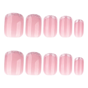Short square light pink French press-on nails with shimmering glitter tips, 10-piece set