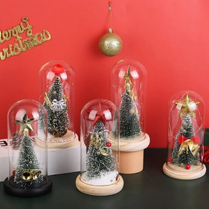 Christmas Tree Glass Dome LED Light Wood Base Glowing Ornament Holiday Desktop Decoration Festive Gift
