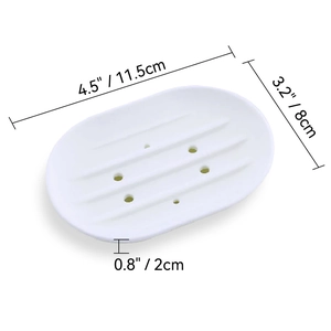 Detailed top view of a white silicone soap dish showing exact dimensions of 11.5cm by 8cm