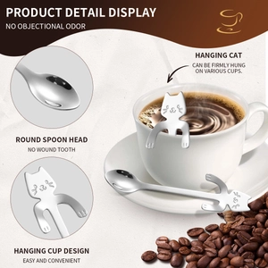 Cute cat hanging stainless steel coffee spoon with round head and silver polished finish