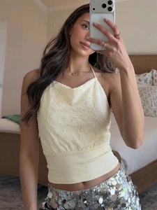 Women Sexy Halter Neck Crop Top Polyester Spandex Lace Spliced Backless Slim Fit Sleeveless Fashion Camisole