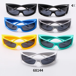Detailed flat lay of futuristic sports sunglasses in seven colors with cat eye frames