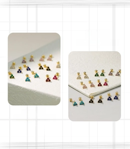 Detailed view of S925 silver geometric clover studs with multi-color zircon and screw backs