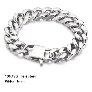 Detail view of 8mm wide 100% stainless steel silver Cuban link bracelet with clasp
