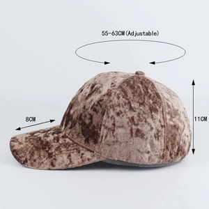 Brown faux suede baseball cap with adjustable strap and measurement details
