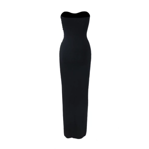 Detail view of the sleek floor-length black tube dress with slim-fit bodycon silhouette