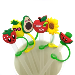 Set of 6 cartoon silicone straw covers including strawberry, pineapple, and sunflower shapes