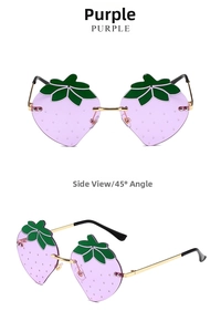 Detailed front and 45-degree side views of purple strawberry shaped rimless sunglasses