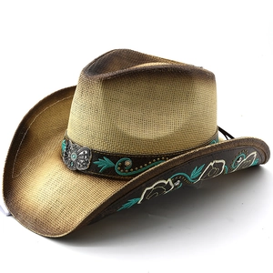 Classic straw western cowboy hat with embroidery and metal butterfly buckle on wide brim