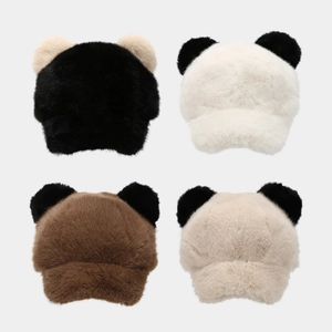 Cute Panda Ears Plush Baseball Cap Winter Warm Faux Fur Peaked Hat Soft Thermal Headwear For Men Women College Style Adjustable