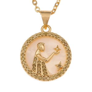 Gold zodiac necklace with Virgo constellation mother of pearl pendant and crystals