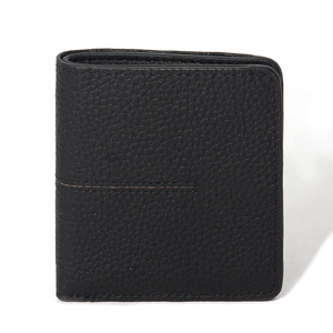 Minimalist black top grain leather RFID wallet with thin stitching and litchi texture