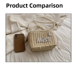 Detailed top view of beige straw woven bag featuring pearl MISS lettering and heart decor