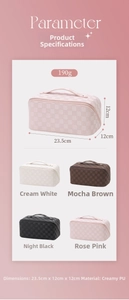 Detailed size guide for large PU leather checkered cosmetic bag in four soft colors