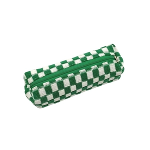 Green and white checkered knit pencil case with smooth zipper and soft wool texture