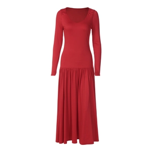 Close-up of red V-neck long sleeve dress with waist ruching and soft stretch fabric