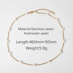 Minimalist gold stainless steel pearl necklace with detailed product dimensions and weight