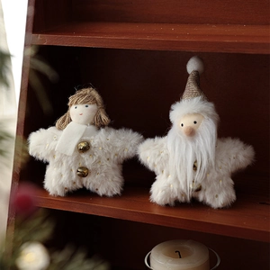 Plush star Christmas tree ornaments with Santa and girl figures in cream faux fur