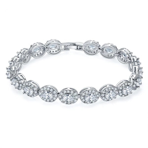Silver plated halo bracelet featuring oval cubic zirconia and shimmering cluster setting