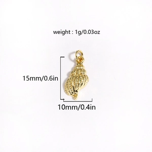 Vue macro détaillée d'un pendentif coquillage doré avec dimensions 15mm par 10mm sur blanc