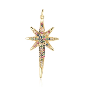 Detail of gold star pendant with multicolored zircon stones and top hanging ring