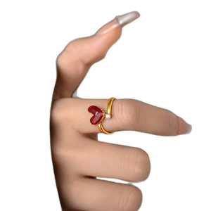 Minimalist 18k gold plated open ring featuring a red heart and sparkling zircon accent