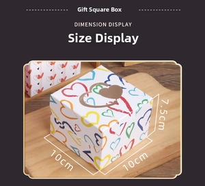 Detail showing dimension display of colorful heart pattern square gift box 10x10x7.5cm