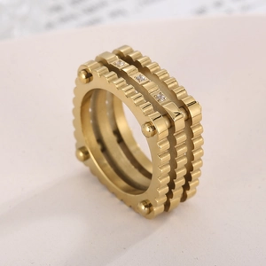 Luxury gold stainless steel triple-layered gear ring with rivets and zircon inlay