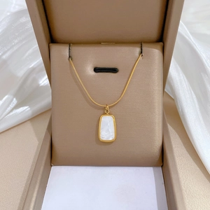 Detail of a gold titanium snake chain necklace with rectangle shell pendant in jewelry box