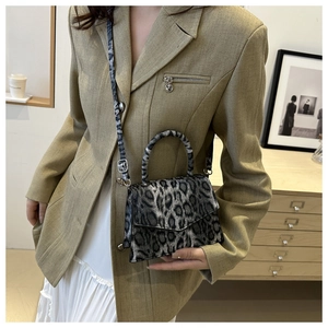 Detail of leopard print small square bag with top handle and matching crossbody strap