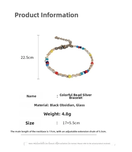 Detail of colorful beaded bracelet with silver nuggets and lobster clasp specs