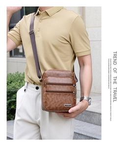 Close-up of brown PU leather shoulder bag featuring multiple zipper pockets and metal logo