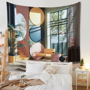 Detail of bohemian wall tapestry with abstract geometric shapes in a bedroom setting