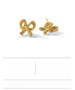 Detailed view of hollow golden bow earrings with rope texture, size 27mm by 26mm