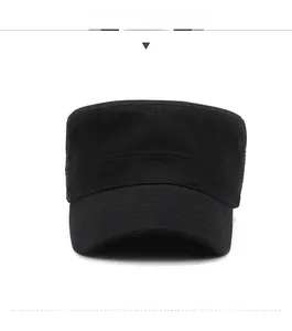 Front view of solid black flat top military cap with multi-stitched reinforced brim