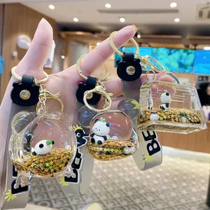 Porte-clés panda liquide avec paillettes dorées et dragonne en silicone bear