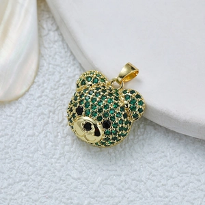Luxury 18K gold-plated teddy bear pendant necklace with sparkling green crystal stones